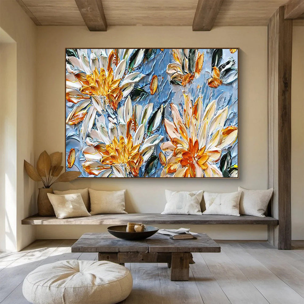 Yellow & White Floral Textures - Blue, Yellow & White Botanical Painting On Canvas DKH896