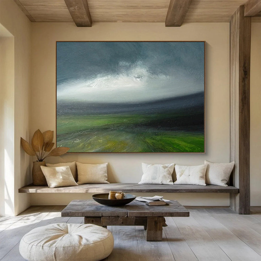 “Green, Gray, Stormy Field ‘Tempestuous Land’” - Impressionist Landscape Painting On Canvas DLZ029