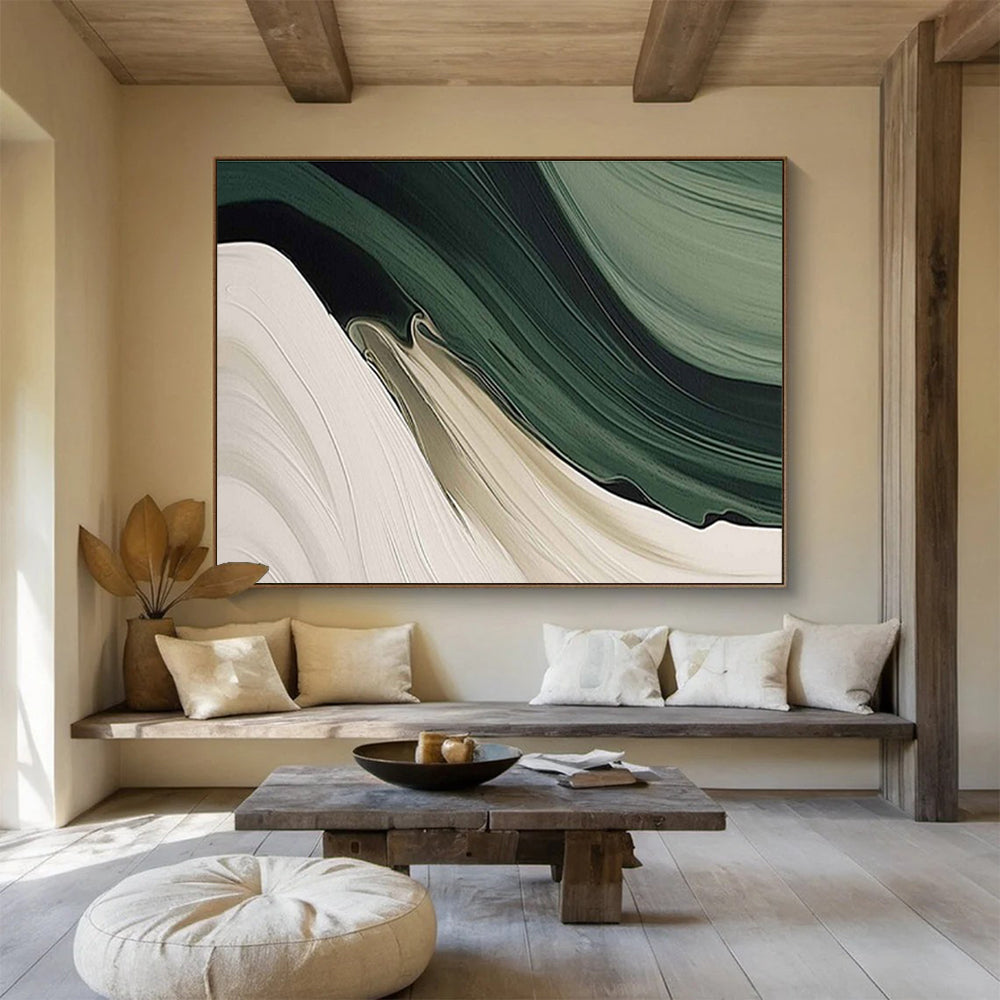 “Flowing Earth Tones” - Green, Beige, White Abstract Landscape Painting On Canvas DKH753