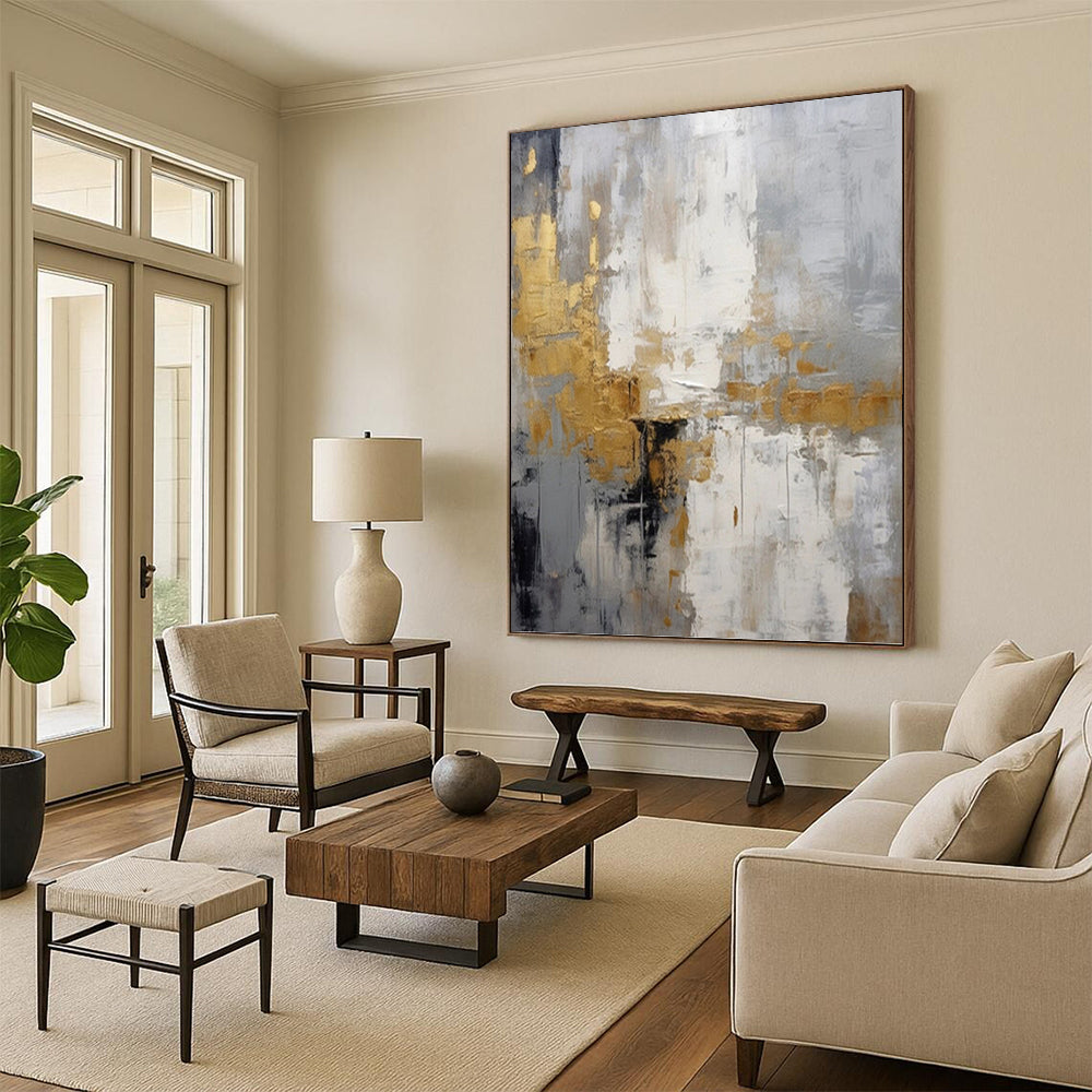 “Gilded Gray Abstraction” - Sophisticated Abstract Painting On Canvas DKH1062