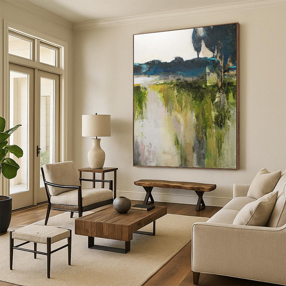 “Abstract Landscape Revisited” - Green, Blue, Gray & White Nature - Inspired Painting On Canvas DKH1022