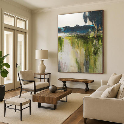 “Abstract Landscape Revisited” - Green, Blue, Gray & White Nature - Inspired Painting On Canvas DKH1022