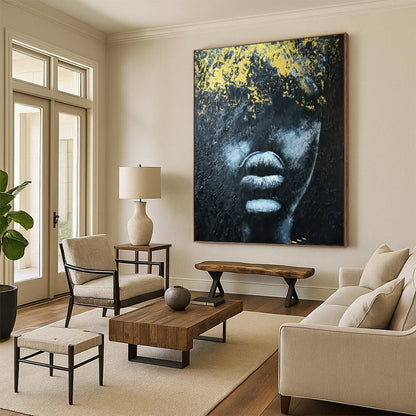 “Textured Black and Gold Portrait” – Abstract Impasto Portrait Painting On Canvas CT2153
