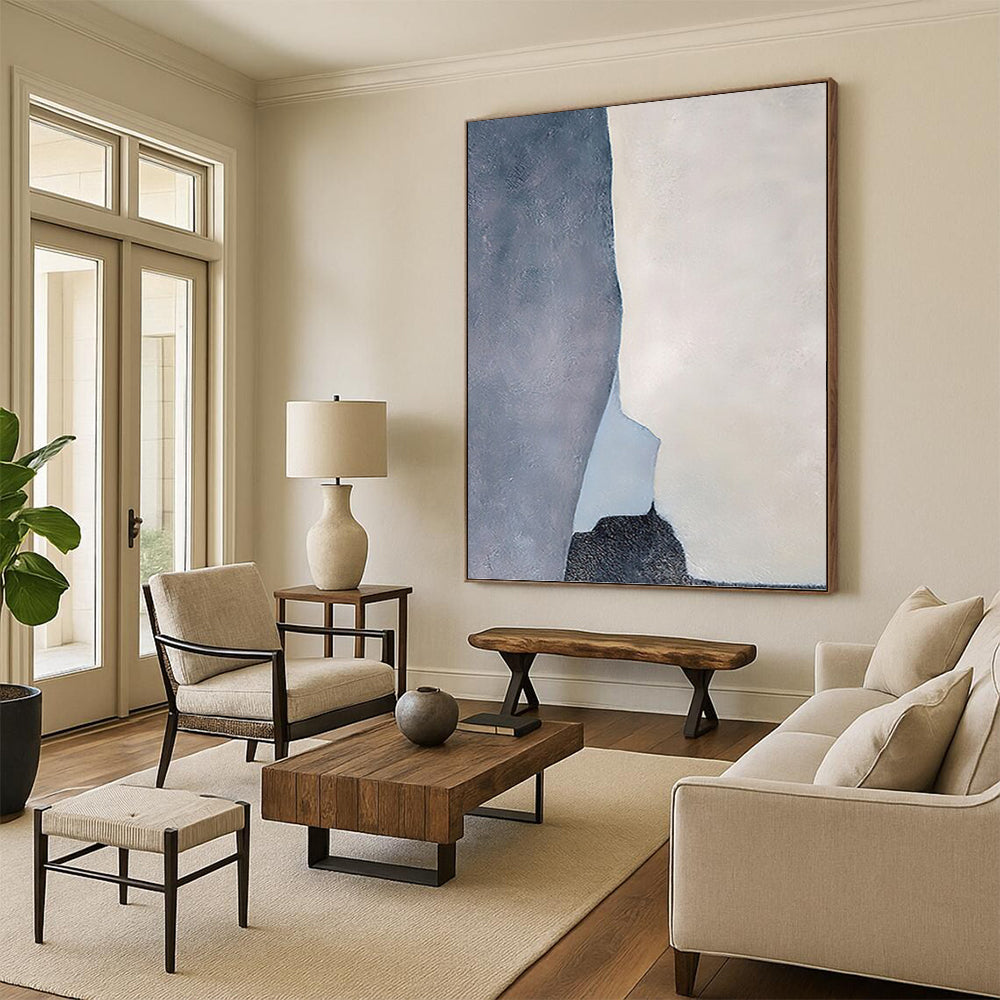 “Geometric Calm” - Gray, White & Light Blue Abstract Shapes Painting On Canvas DKH1539