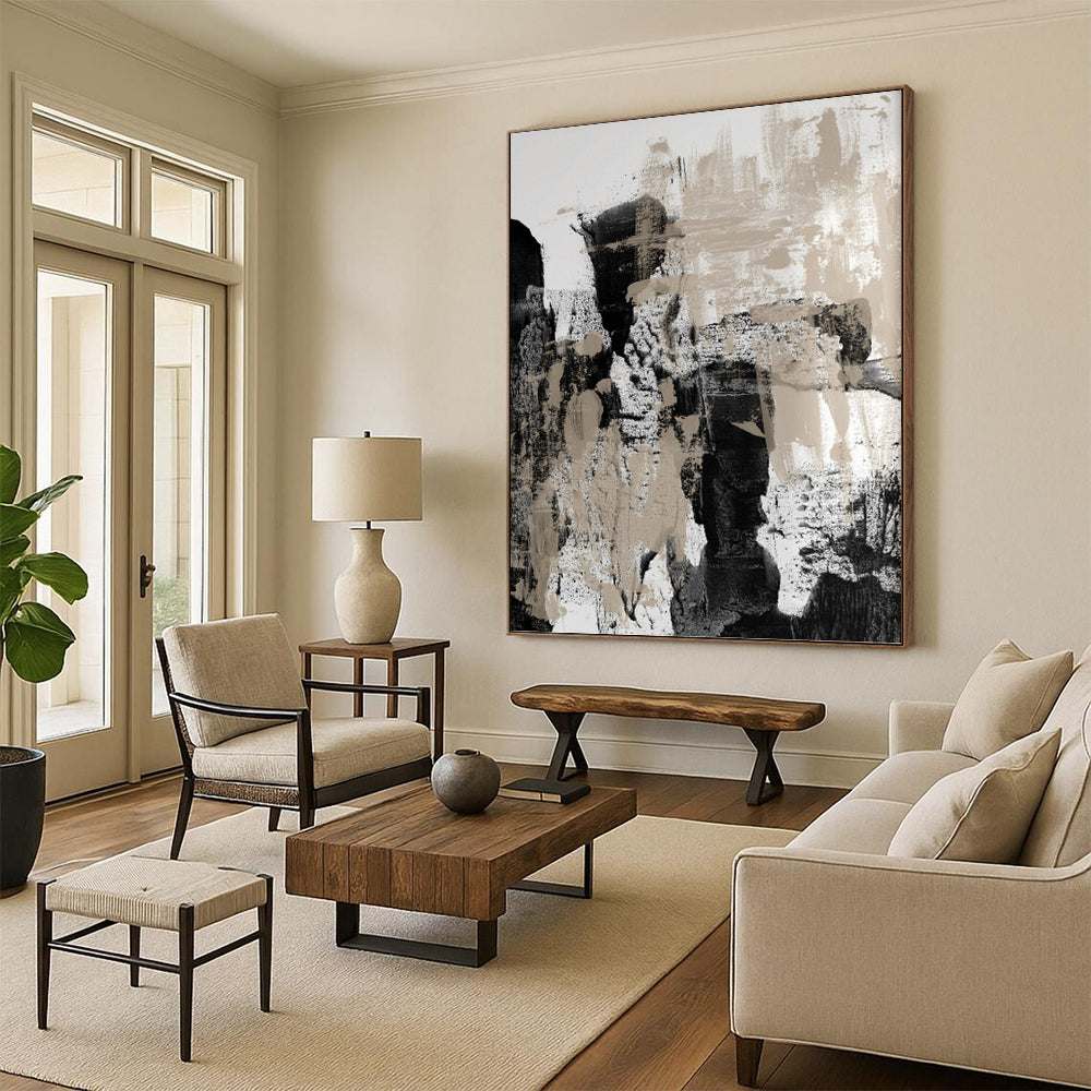 “Monochrome Abstract Strokes” - Black, White & Beige Textured Painting On Canvas DKH0966