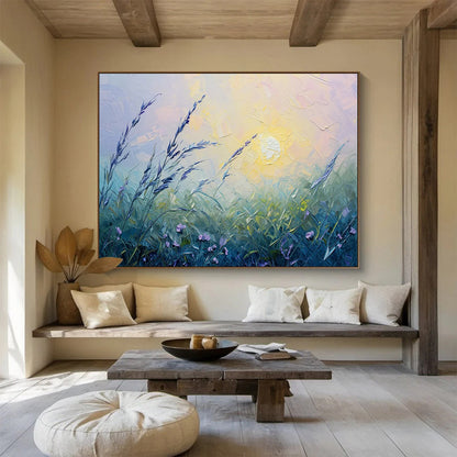 “Pastel Meadow at Sunset” - Soft Purple, Green, Yellow Impressionistic Landscape Painting On Canvas DKH762