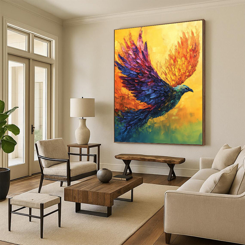“Colorful Flying Phoenix” - Impasto Bird Painting On Canvas DKH1656