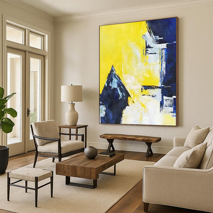Vibrant Yellow, Blue & White Geometric Abstraction - Abstract Painting On Canvas CT2304