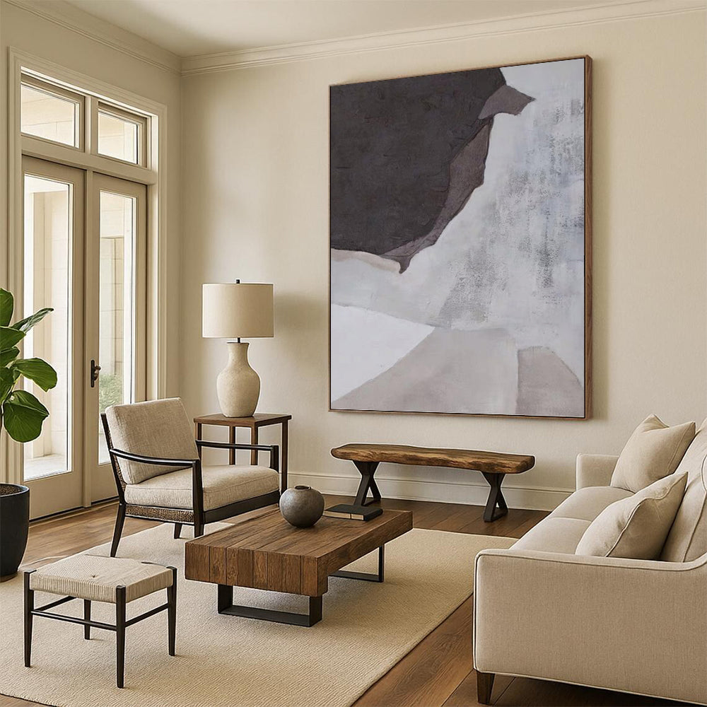 “Muted Tones Abstract” - Gray & White Textured Shapes Painting On Canvas DKH1182