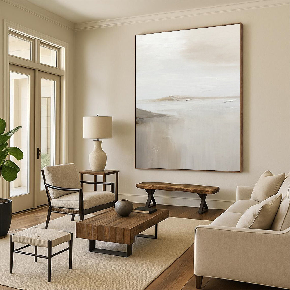 “White, Beige Subtle Landscape ‘Foggy Serenity’” - Impasto Landscape Painting On Canvas DTP359