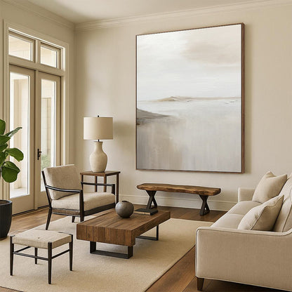 “White, Beige Subtle Landscape ‘Foggy Serenity’” - Impasto Landscape Painting On Canvas DTP359