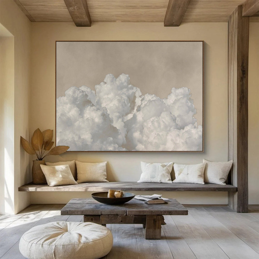Fluffy Clouds and Beige Sky “Serene Skyward Clouds” Painting On Canvas DKH126