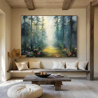 Misty Forest Path - Green & Yellow Landscape Painting On Canvas DKH871