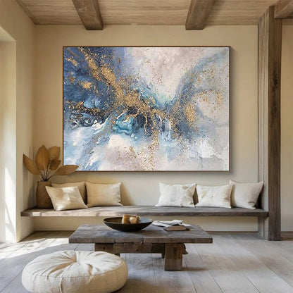 Blue & Gold Abstract Flow - Gray, Blue & Gold Fluid Art Painting On Canvas DKH893