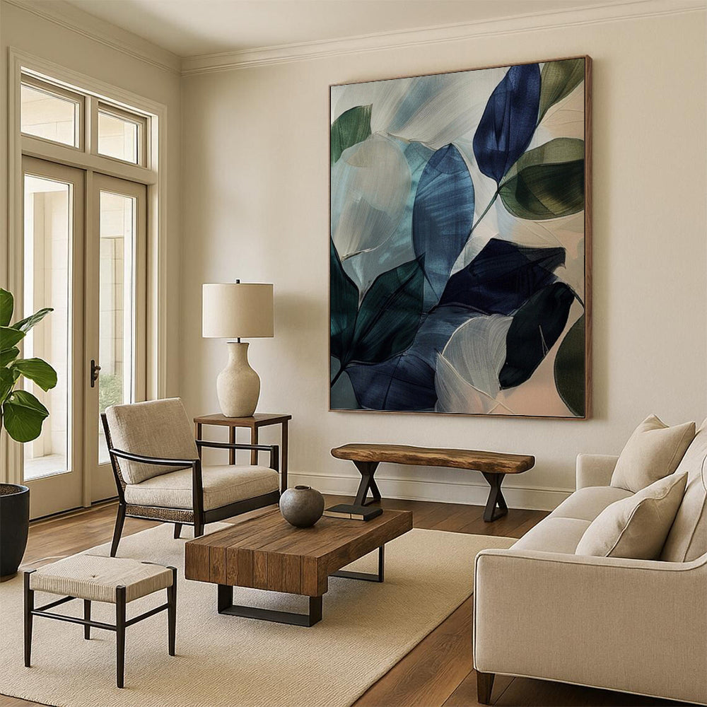 “Translucent Leaf Abstraction” - Blue, Green & White Watercolor - Style Painting On Canvas DKH0972