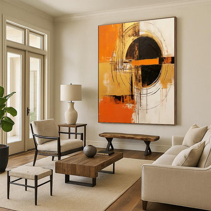 “Orange - Black - White Abstract Circles” ，Abstract Acrylic Painting CT0853