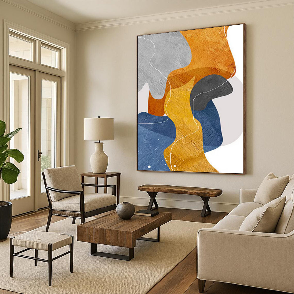 “Color Block Pathways” - Gray, Orange, Yellow & Blue Abstract Shapes Painting On Canvas DKH1550
