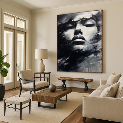 “Monochrome Abstract Face” – Expressive Oil Painting On Canvas CT2130