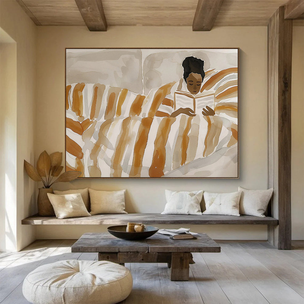 Woman Reading in Striped Bed Cozy Scene Painting On Canvas DKH230
