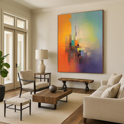 “Colorful Cubes, Gradient Background” - “City in Color”，Abstract Cubist - Inspired Acrylic Painting CT0691
