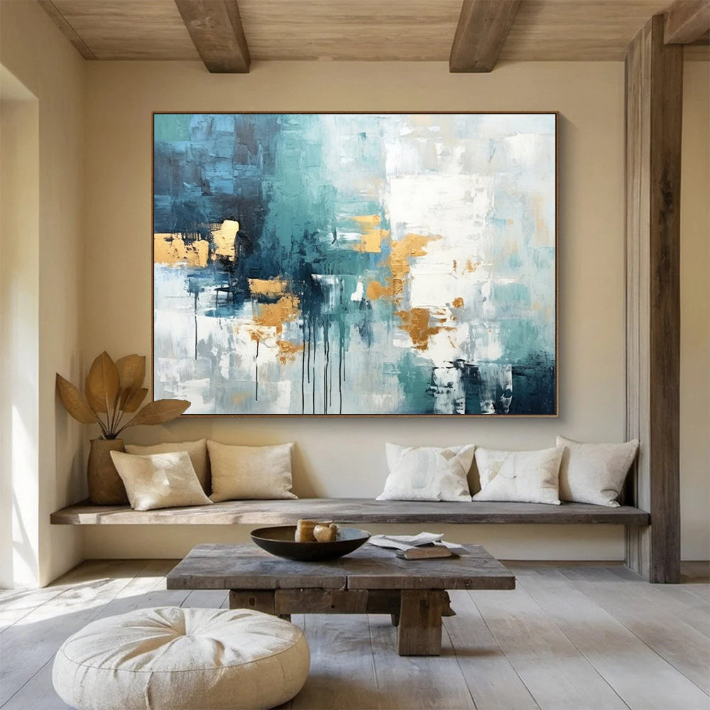 “Teal - Blue And Gold Abstract Drizzle” Abstract Painting On Canvas DLZ073