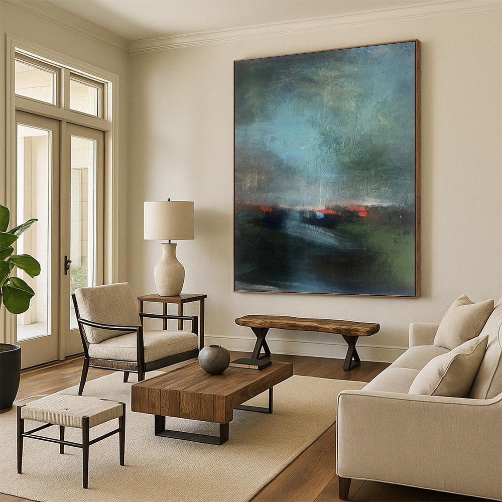 Misty Landscape in Muted Greens and Blues - Abstract Landscape Painting On Canvas DKH1408