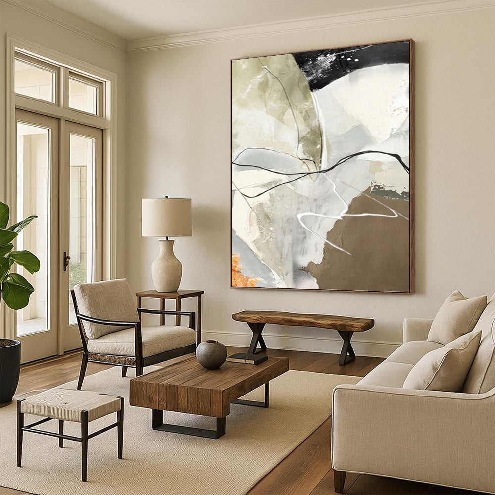 “Neutral & Black Abstract Lines” - Beige, Gray, Black & White Abstract Painting On Canvas DKH1225