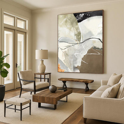 “Neutral & Black Abstract Lines” - Beige, Gray, Black & White Abstract Painting On Canvas DKH1225