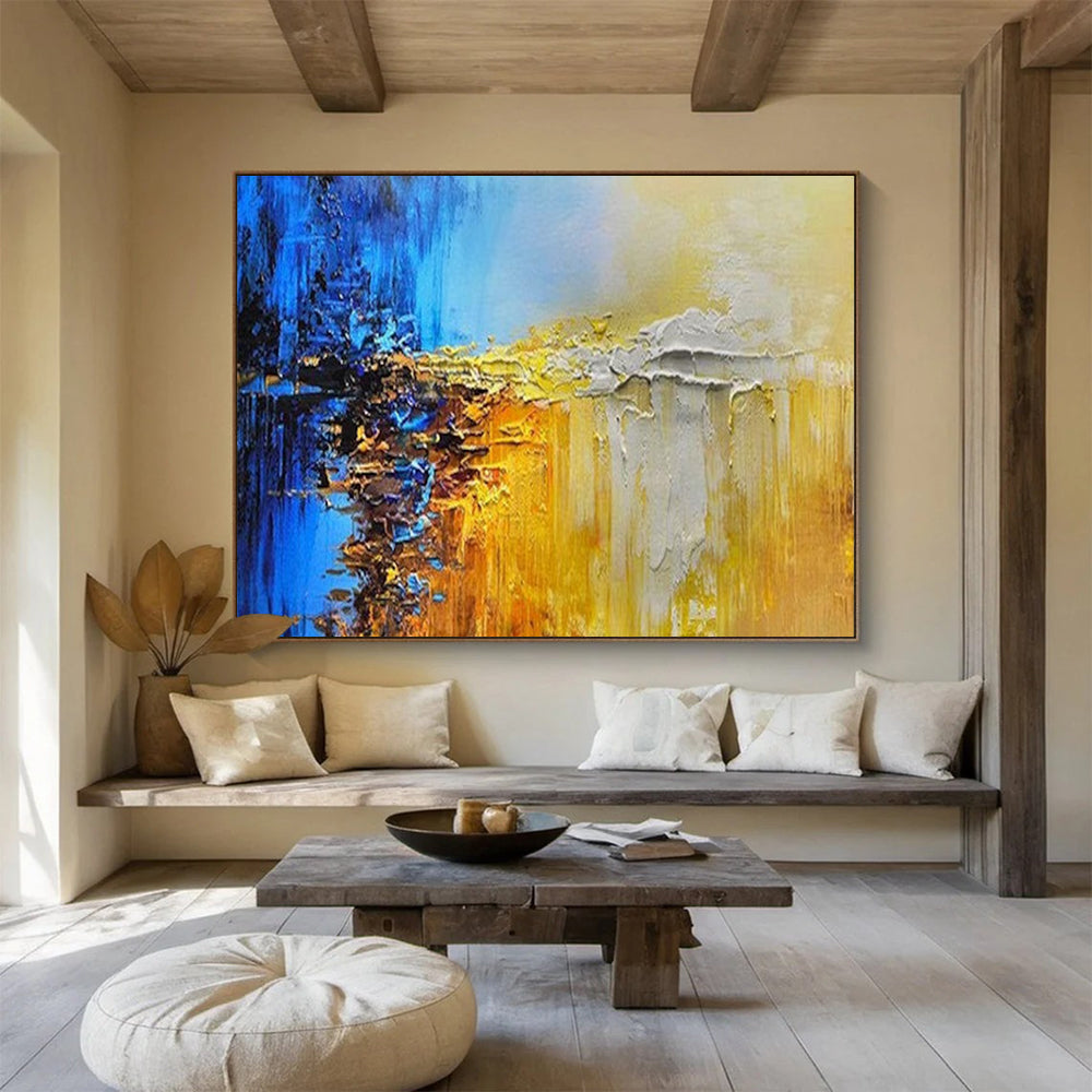 Blue, Yellow, and Gray Abstract - Textured Landscape Painting On Canvas DLZ179