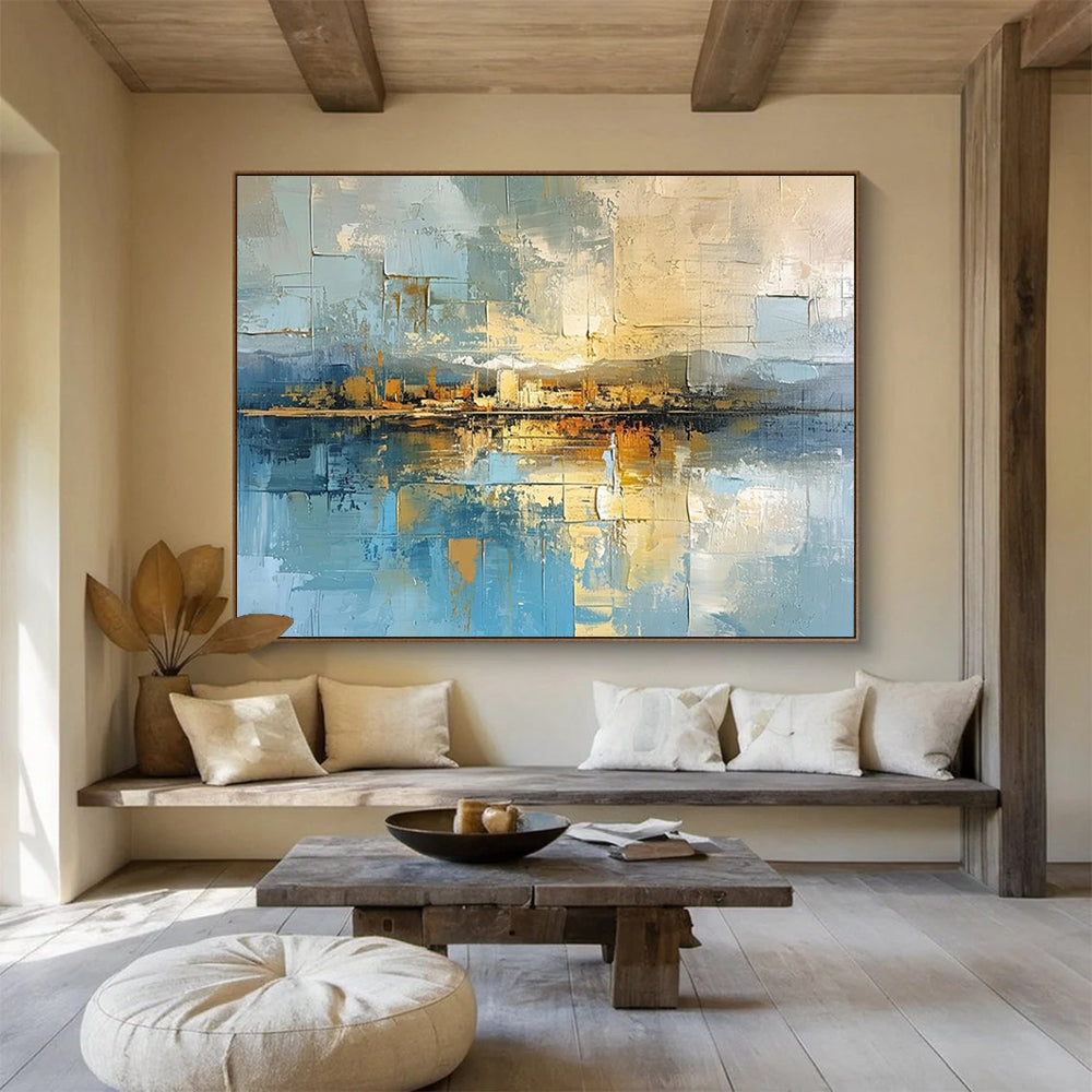 “Geometric, Coastal Cityscape ‘Abstract Harbor View’” - Cubist - Inspired Landscape Painting On Canvas DLZ050