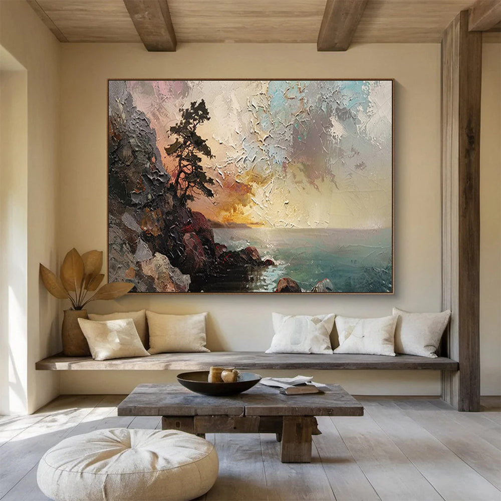 “Coastal Pine & Sunset” Impasto Seaside Painting On Canvas DKH463