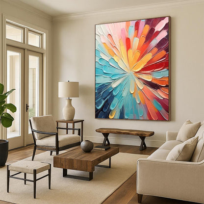 “Rainbow Petal Burst” - Multicolor, Textured Floral Painting On Canvas DTP288