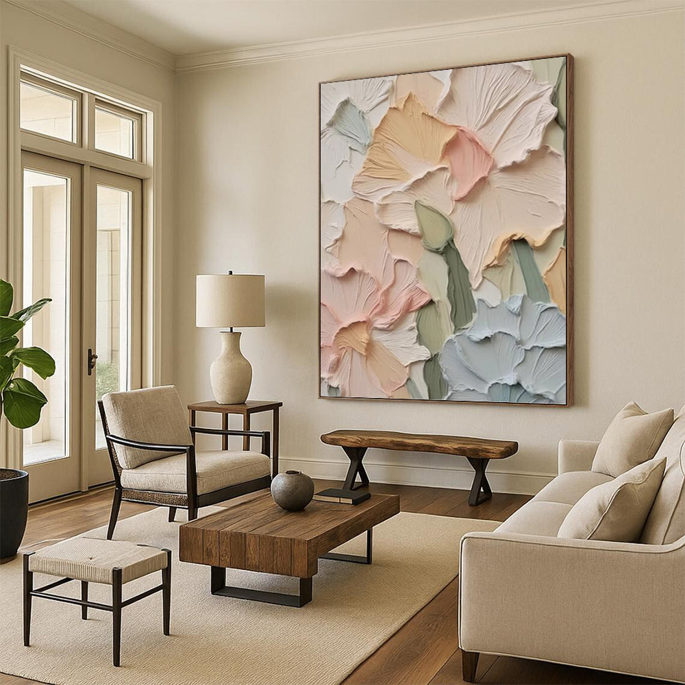 Soft - Toned Floral Relief - Impasto Flower Painting On Canvas DKH1393