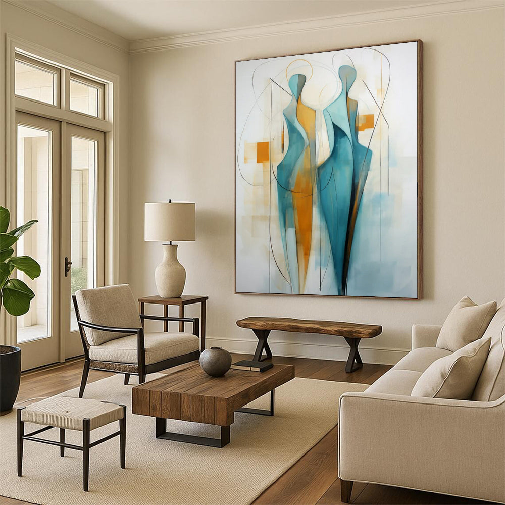 “Abstract Figures 2” - Blue, Orange & White Abstract Painting On Canvas CT2234