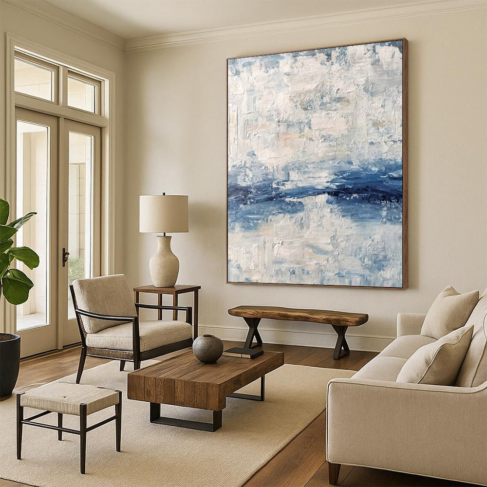 “Blue - White Textures” - Blue & White Abstract Textured Layers Painting On Canvas DKH1546