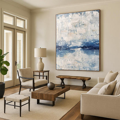 “Blue - White Textures” - Blue & White Abstract Textured Layers Painting On Canvas DKH1546