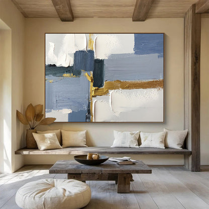 Geometric Blue and Gold Abstract Painting On Canvas DKH311