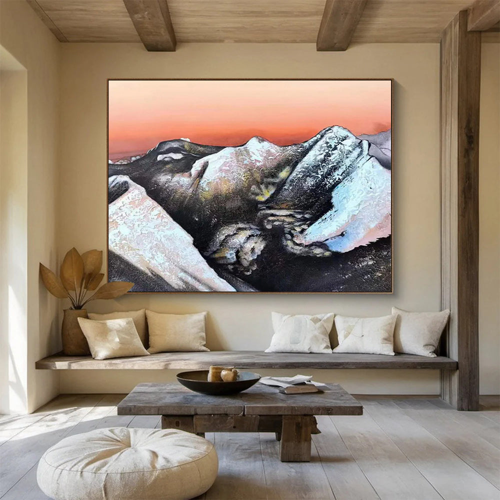 Snow - Capped Mountains Under Orange Sky Painting On Canvas DKH651