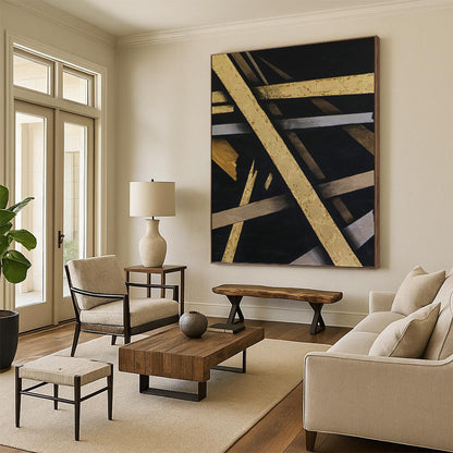 “Gold & Silver on Black Abstract” - Luxurious Abstract Painting On Canvas DKH1094