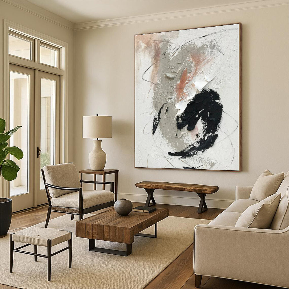 “Gray - Black - White - Peach Abstract Swirls” ，Abstract Acrylic Painting CT0809