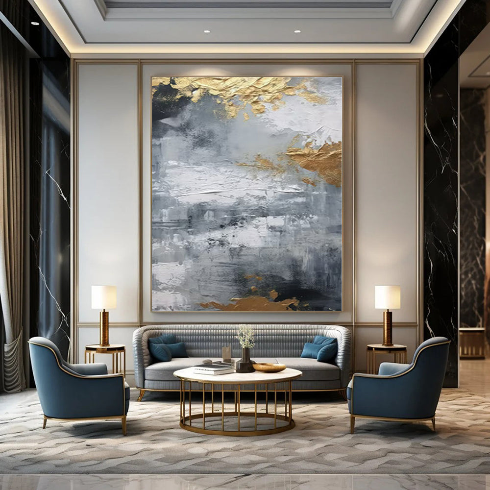 Grey - Gold Textured Abstraction II - Abstract Impasto Oil CT1261