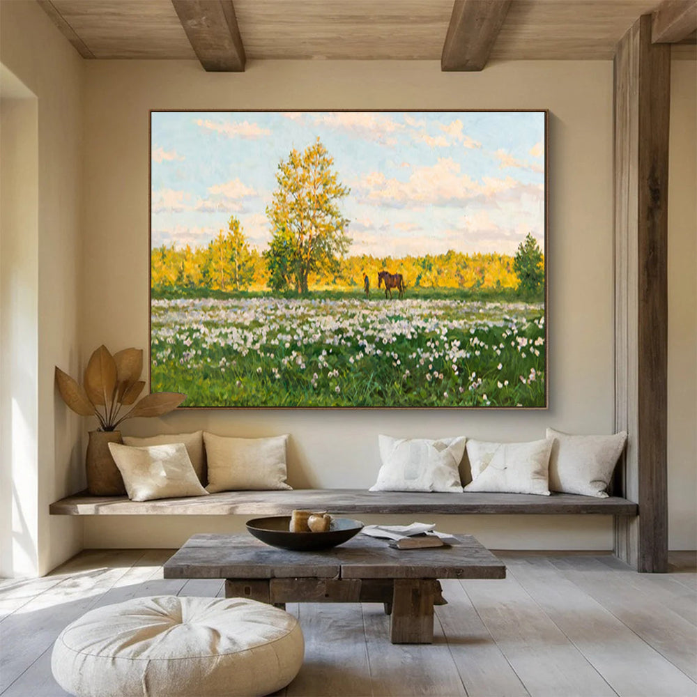 Meadow with Horse and Figure - Realist Landscape Painting On Canvas DLZ216