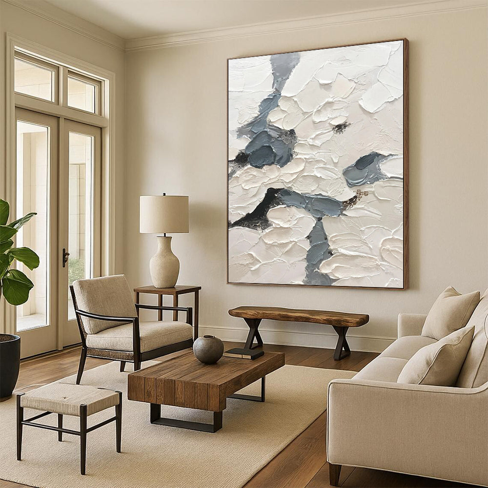 “Textured Sky Paths” - White & Gray Impasto Painting On Canvas DKH1160