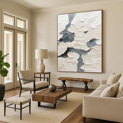 “Textured Sky Paths” - White & Gray Impasto Painting On Canvas DKH1160