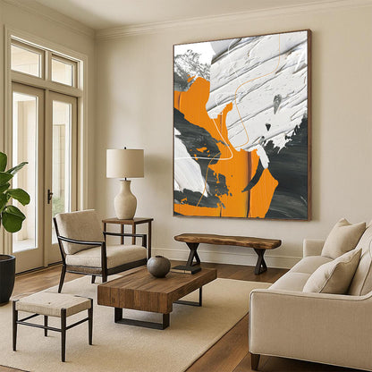 “Dynamic Forms” - Orange, White, Gray & Black Abstract Lines Painting On Canvas DKH1528