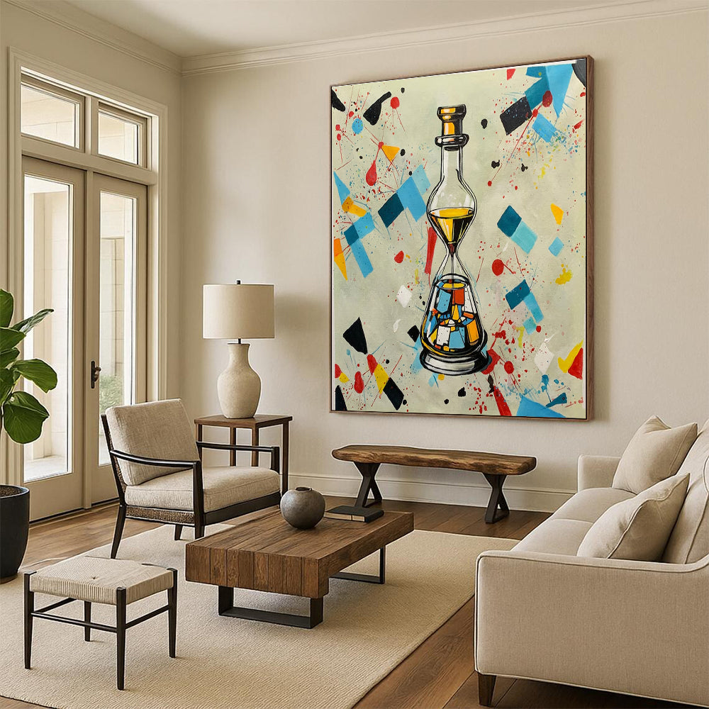 Colorful Geometric Splash with Bottle - Hourglass, “Time in a Kaleidoscope” - Pop - Abstract Mixed - Media Painting CT0718