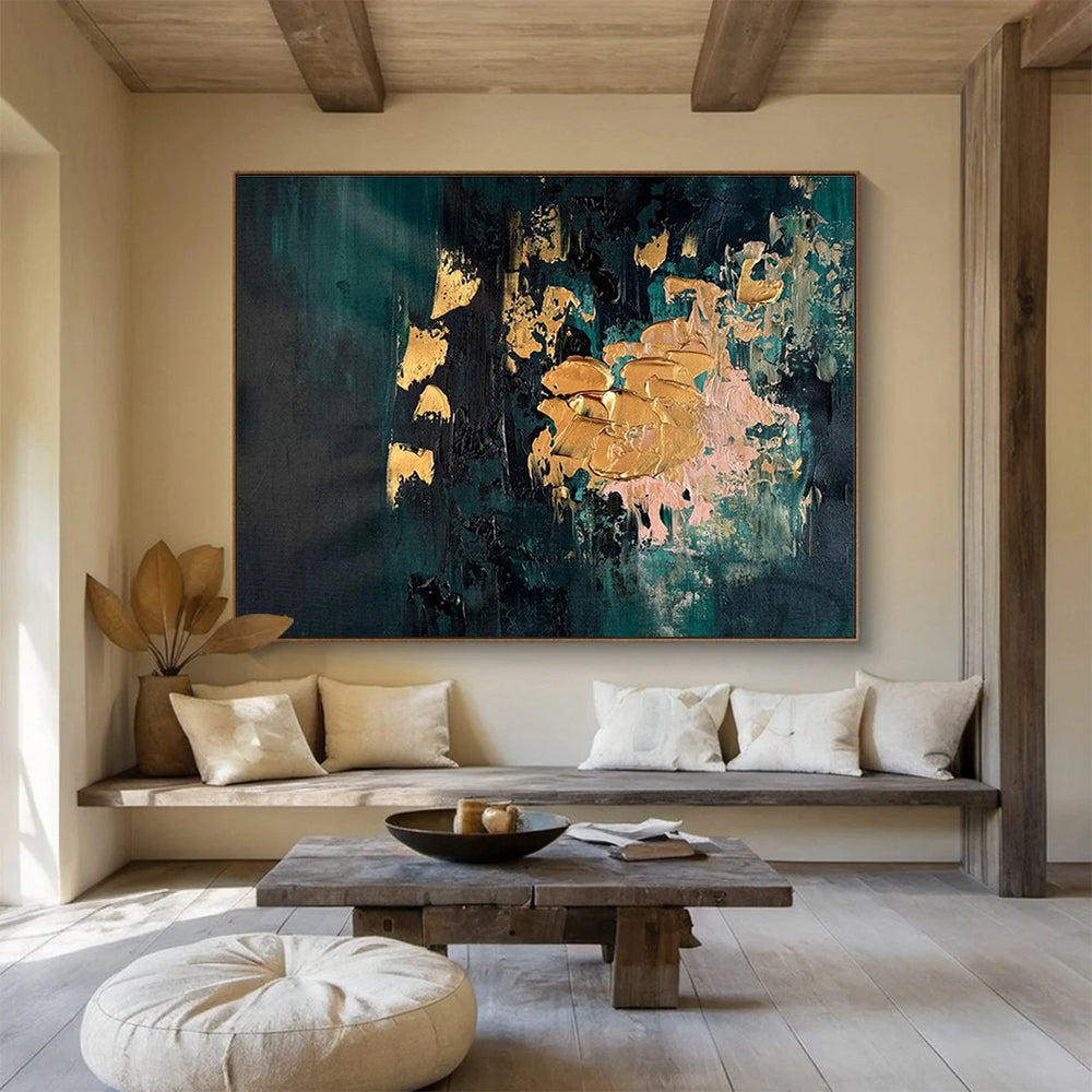 Teal and Gold Accents Dark Toned Abstract with Metallic Highlights Painting On Canvas DKH262