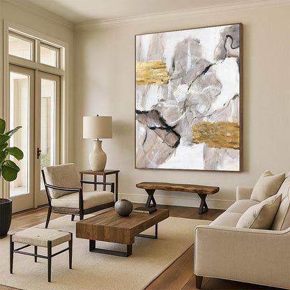 Neutral Tones with Gold Accents - Abstract Minimalist Painting On Canvas DKH1267
