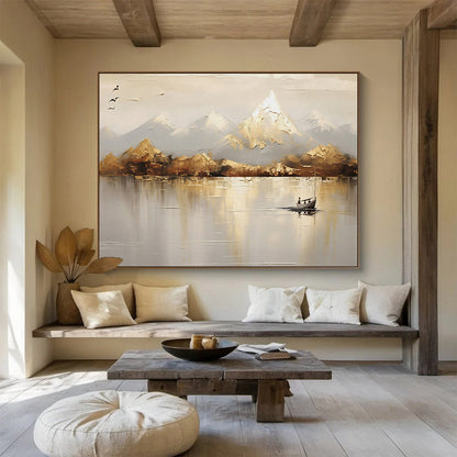 Neutral - Toned Landscape “Serene Mountain Reflection” Painting On Canvas DKH158