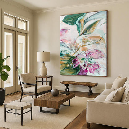 Green Foliage, Pink Petals - "Ethereal Garden" - Abstract Floral Painting CT1851